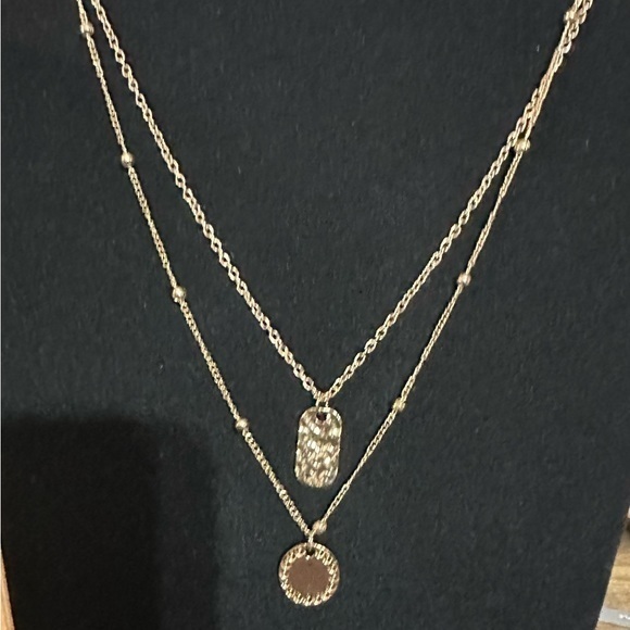 Anthropologie Miami Layered Trendy Gold Double Dog Tag Pendant Necklace